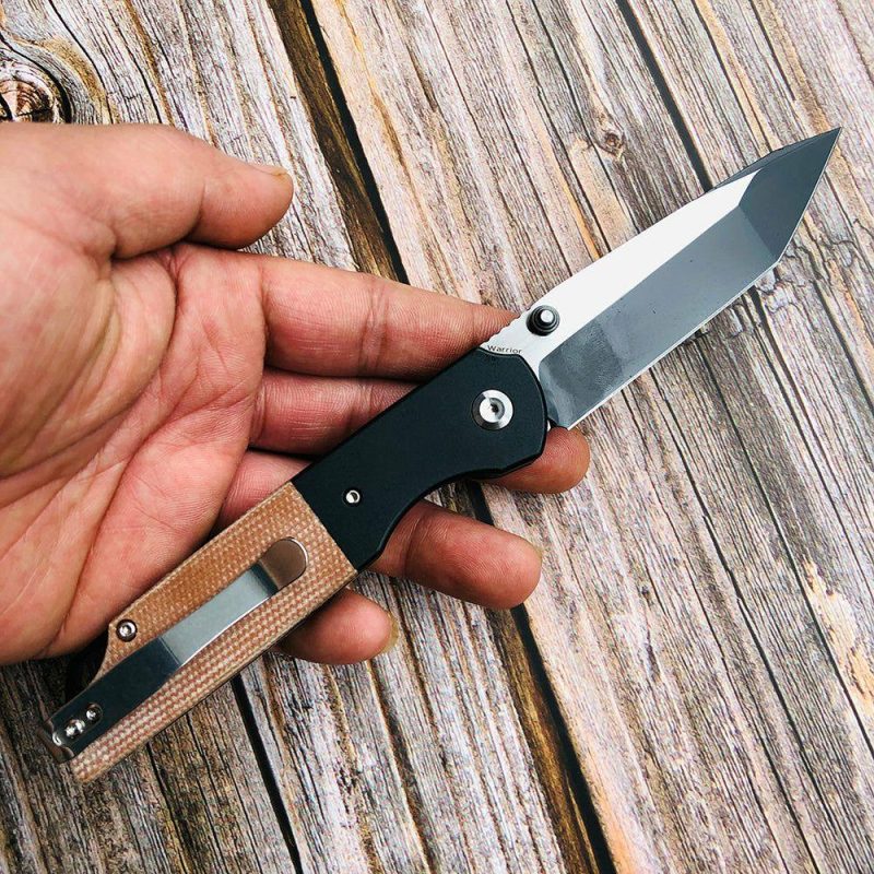 Warrior T1005T5 Black TiCn Coated Machine Rubbed Tanto D2 Blade Black Anodized Aluminum Bolster +Brown Micarta Handle with Kim Ning Design | Folding Pocket Knives