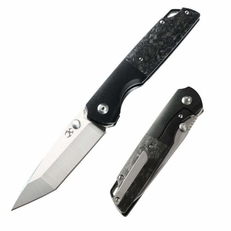 Warrior Thumb Studs Knife Titanium+Carbon Fiber Handle (3.46” CPM S35VN Tanto Blade) Kim Ning Design-K1005T1 Black | Folding Pocket Knives