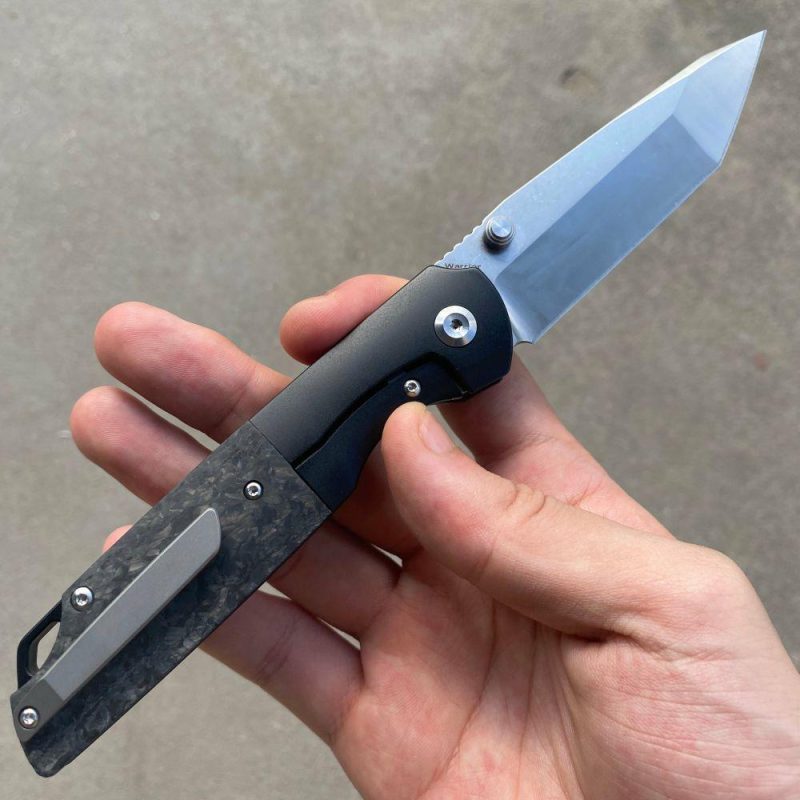 Warrior Thumb Studs Knife Titanium+Carbon Fiber Handle (3.46” CPM S35VN Tanto Blade) Kim Ning Design-K1005T1 Black | Folding Pocket Knives