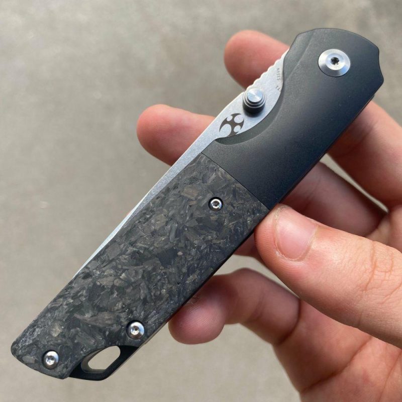 Warrior Thumb Studs Knife Titanium+Carbon Fiber Handle (3.46” CPM S35VN Tanto Blade) Kim Ning Design-K1005T1 Black | Folding Pocket Knives