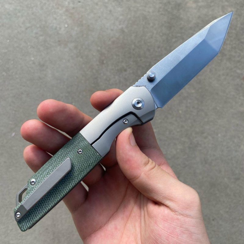 Warrior Thumb Studs Knife Titanium+Micarta Handle (3.46” CPM S35VN Blade) Kim Ning Design-K1005T5 Green | Folding Pocket Knives