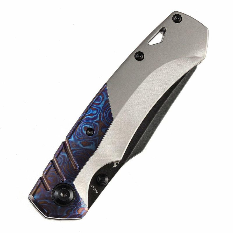 Weim Thumb Studs Knife Timascus+Titanium Handle (3.28”CPM S35VN Blade)Jonathan Styles Design-K1051A3 Black/Blue | Folding Pocket Knives