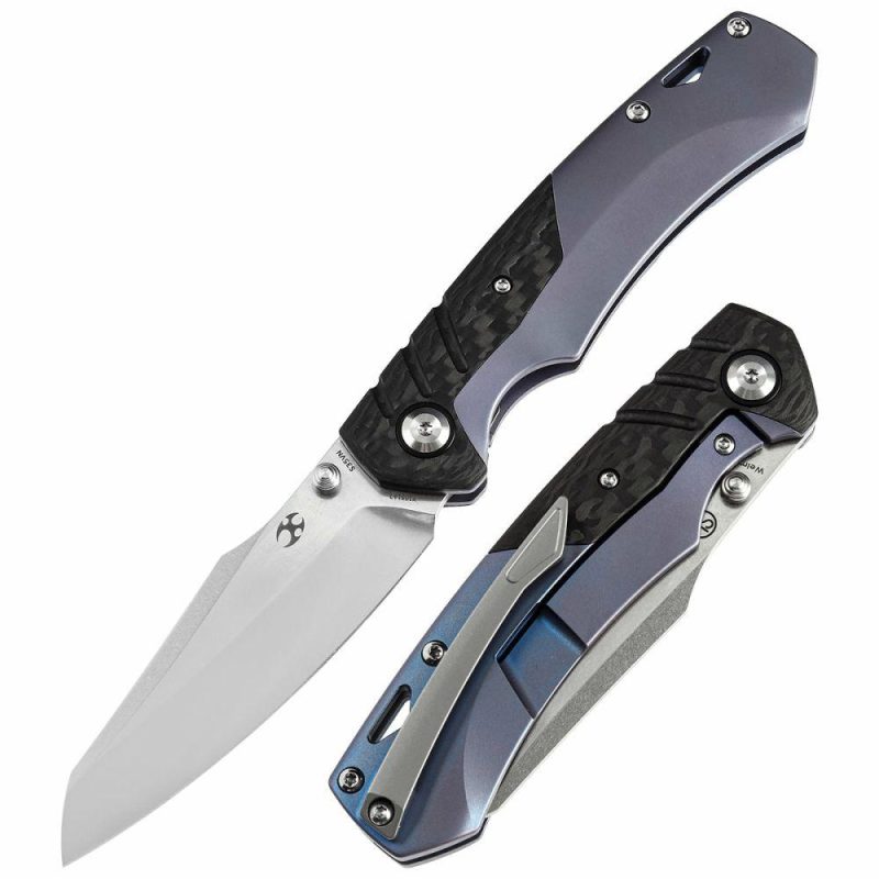 Weim Thumb Studs Knife Twill Carbon Fiber+Blue Anodized Titanium Handle (3.28”CPM S35VN Blade)Jonathan Styles Design-K1051A2 Black/Blue | Folding Pocket Knives