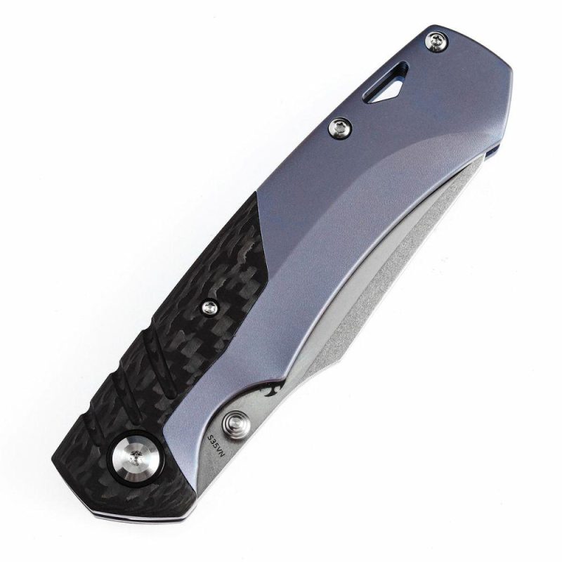 Weim Thumb Studs Knife Twill Carbon Fiber+Blue Anodized Titanium Handle (3.28”CPM S35VN Blade)Jonathan Styles Design-K1051A2 Black/Blue | Folding Pocket Knives