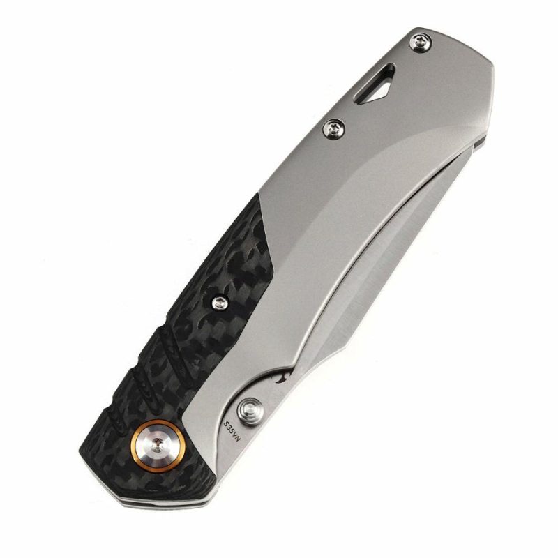 Weim Thumb Studs Knife Twill Carbon Fiber+Titanium Handle (3.28”CPM S35VN Blade)Jonathan Styles Design-K1051A1 Black/Gray | Folding Pocket Knives