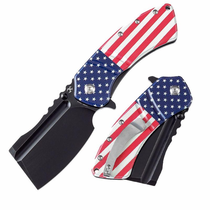 XL Korvid T1030B1 Black Stonewashed 154CM Blade G10 with American Flag Print Handle Designed by Koch Tools Red Blue | Folding Pocket Knives