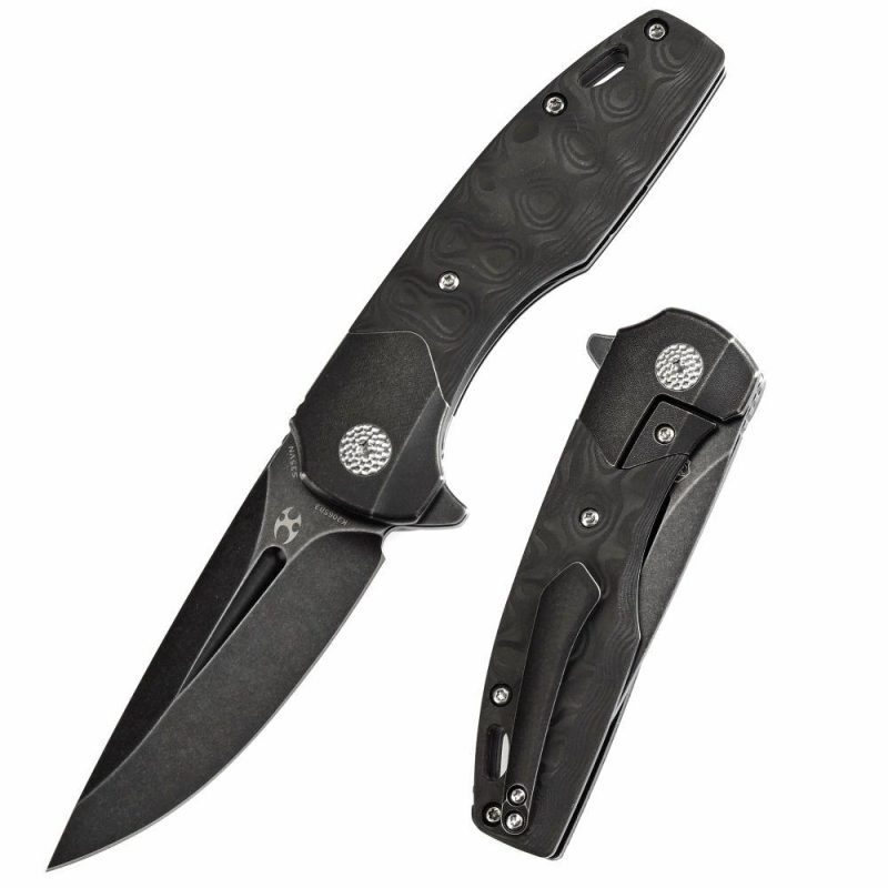 Cassowary Flipper Black Stonewashed Titanium and Black Rose Pattern Carbon Fiber Handle (2.9”CPM S35VN Blade ) Koch Tools Design -K2065B3 Black | Folding Pocket Knives