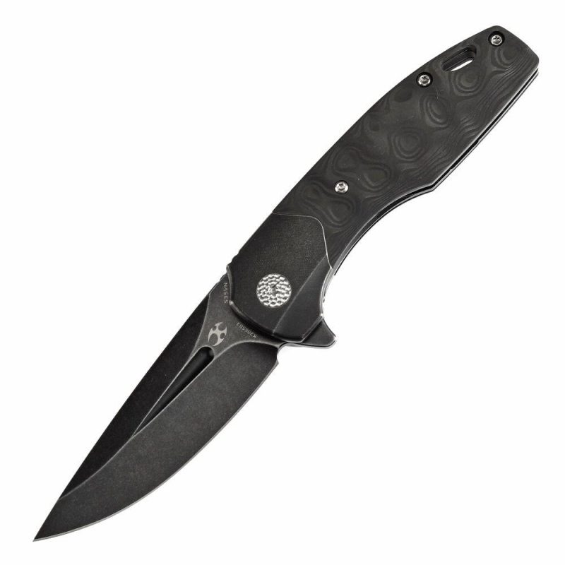 Cassowary Flipper Black Stonewashed Titanium and Black Rose Pattern Carbon Fiber Handle (2.9”CPM S35VN Blade ) Koch Tools Design -K2065B3 Black | Folding Pocket Knives