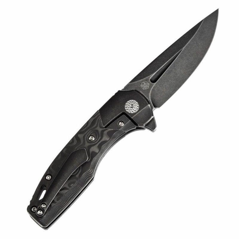 Cassowary Flipper Black Stonewashed Titanium and Black Rose Pattern Carbon Fiber Handle (2.9”CPM S35VN Blade ) Koch Tools Design -K2065B3 Black | Folding Pocket Knives