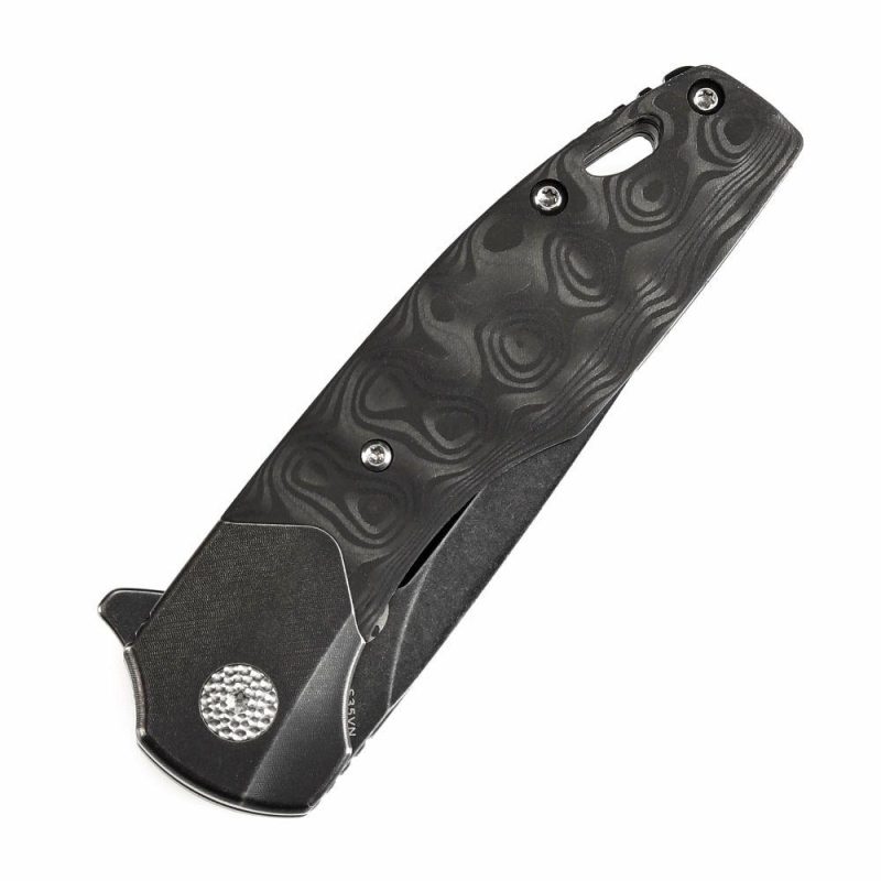 Cassowary Flipper Black Stonewashed Titanium and Black Rose Pattern Carbon Fiber Handle (2.9”CPM S35VN Blade ) Koch Tools Design -K2065B3 Black | Folding Pocket Knives