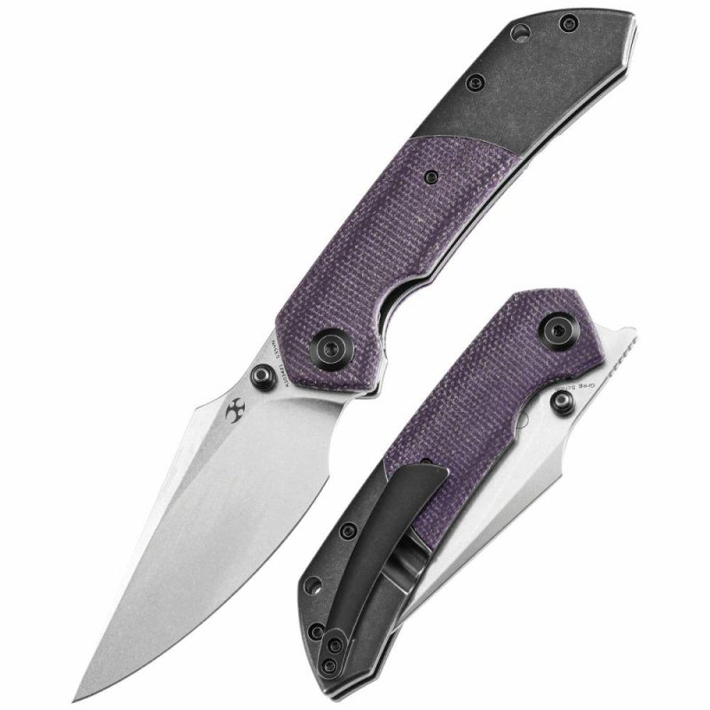 Fenrir Flipper Knife Blackwash Titanium and Purple Micarta Handle (3.48”CPM-S35VN Blade) Greg Schob Design -K1034Z1 | Folding Pocket Knives