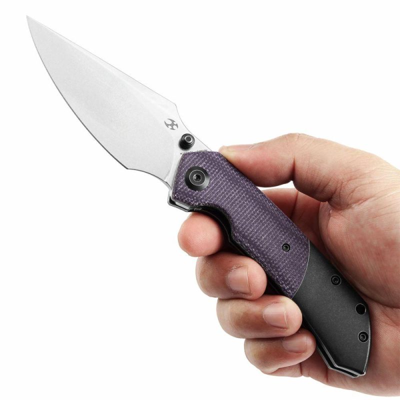 Fenrir Flipper Knife Blackwash Titanium and Purple Micarta Handle (3.48”CPM-S35VN Blade) Greg Schob Design -K1034Z1 | Folding Pocket Knives