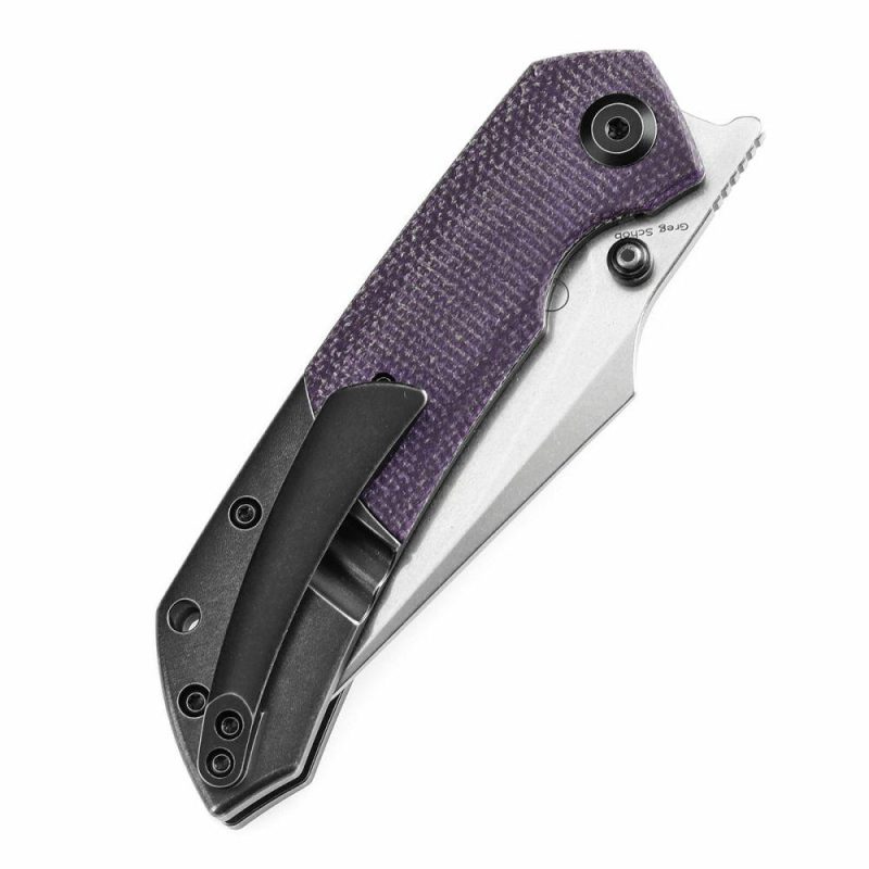 Fenrir Flipper Knife Blackwash Titanium and Purple Micarta Handle (3.48”CPM-S35VN Blade) Greg Schob Design -K1034Z1 | Folding Pocket Knives