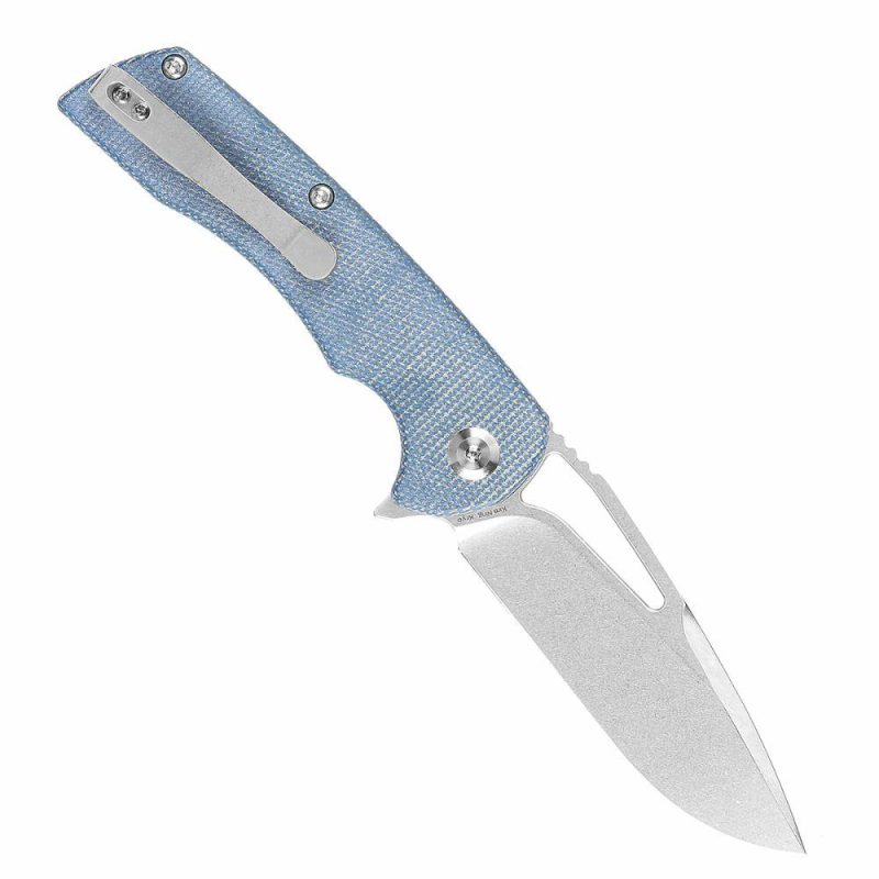 Kryo Thumb Hole/Flipper Knife Blue Micarta Handle (3.58"12C28N Blade) Kim Ning Design-T1001M3 Blue | Folding Pocket Knives