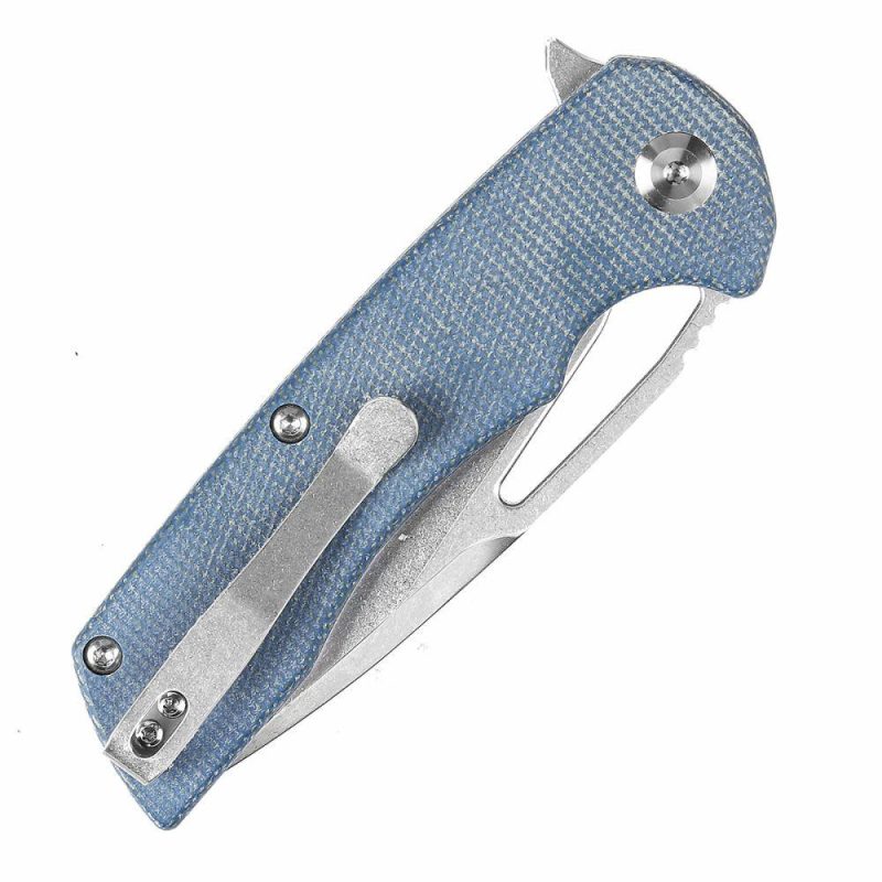 Kryo Thumb Hole/Flipper Knife Blue Micarta Handle (3.58"12C28N Blade) Kim Ning Design-T1001M3 Blue | Folding Pocket Knives