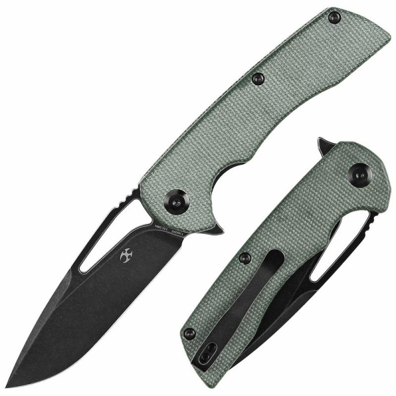 Kryo Thumb Hole/Flipper Knife Green Micarta Handle (3.58"12C28N Blade) Kim Ning Design-T1001M2 Green Black | Folding Pocket Knives