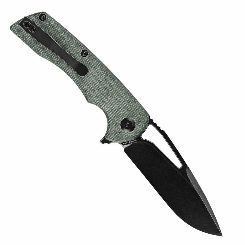 Kryo Thumb Hole/Flipper Knife Green Micarta Handle (3.58"12C28N Blade) Kim Ning Design-T1001M2 Green Black | Folding Pocket Knives