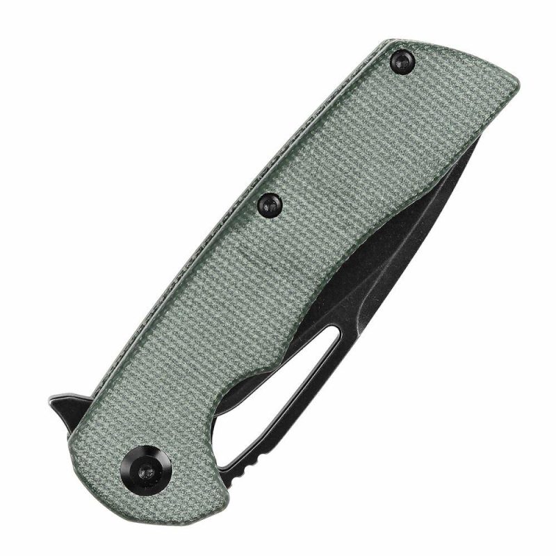 Kryo Thumb Hole/Flipper Knife Green Micarta Handle (3.58"12C28N Blade) Kim Ning Design-T1001M2 Green Black | Folding Pocket Knives