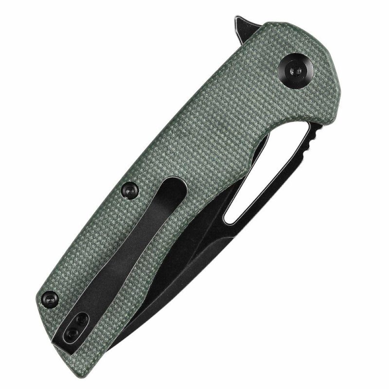 Kryo Thumb Hole/Flipper Knife Green Micarta Handle (3.58"12C28N Blade) Kim Ning Design-T1001M2 Green Black | Folding Pocket Knives