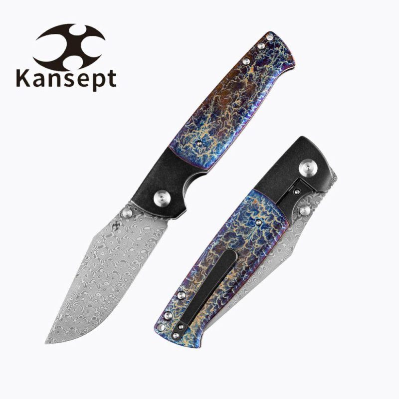 Shikari K1027A8 Rose Pattern Damascus Blade Black Anodized Titanium Bolster + Lightning Strike Anodized Titanium Inlay Handle with Morgan Koens Dessign | Folding Pocket Knives