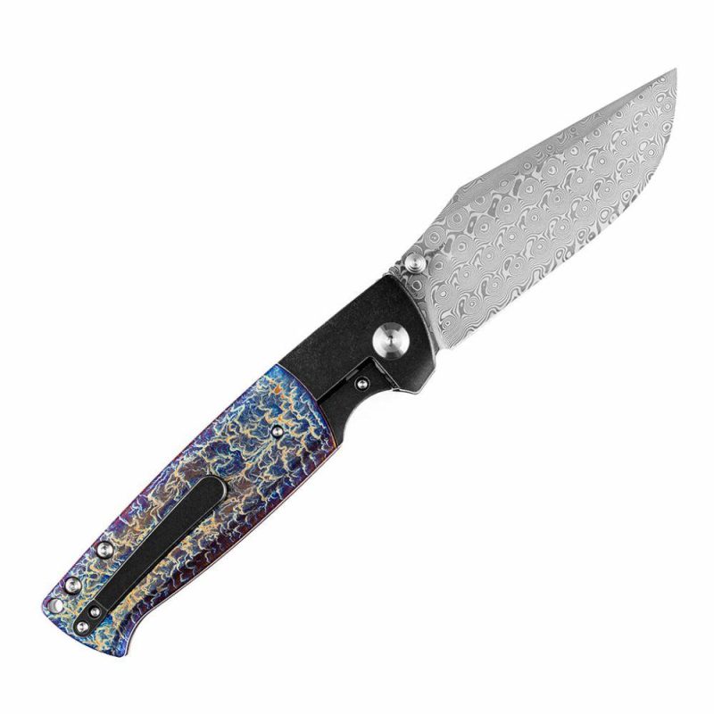 Shikari K1027A8 Rose Pattern Damascus Blade Black Anodized Titanium Bolster + Lightning Strike Anodized Titanium Inlay Handle with Morgan Koens Dessign | Folding Pocket Knives