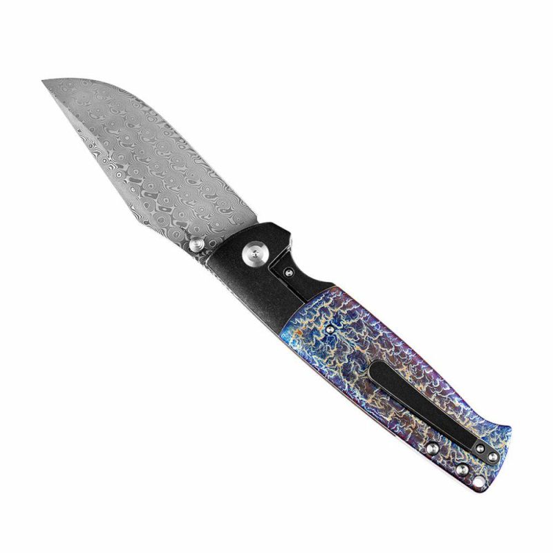 Shikari K1027A8 Rose Pattern Damascus Blade Black Anodized Titanium Bolster + Lightning Strike Anodized Titanium Inlay Handle with Morgan Koens Dessign | Folding Pocket Knives