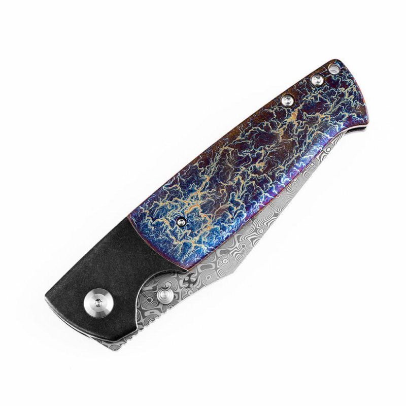 Shikari K1027A8 Rose Pattern Damascus Blade Black Anodized Titanium Bolster + Lightning Strike Anodized Titanium Inlay Handle with Morgan Koens Dessign | Folding Pocket Knives