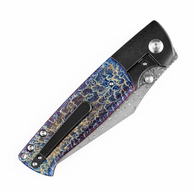 Shikari K1027A8 Rose Pattern Damascus Blade Black Anodized Titanium Bolster + Lightning Strike Anodized Titanium Inlay Handle with Morgan Koens Dessign | Folding Pocket Knives