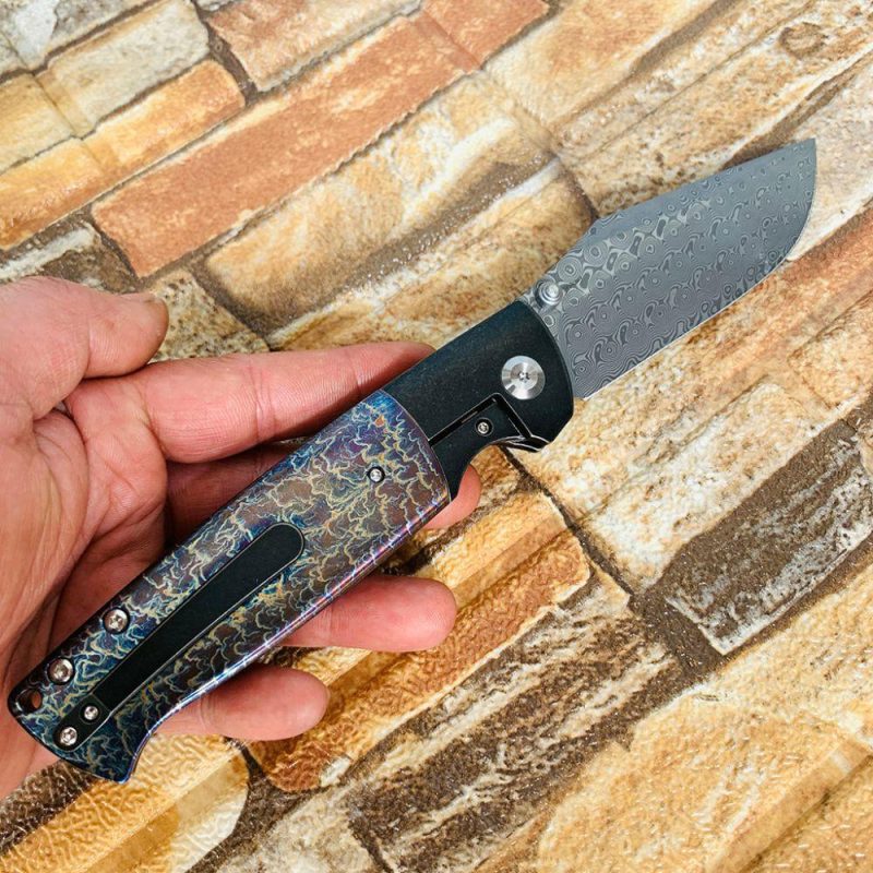 Shikari K1027A8 Rose Pattern Damascus Blade Black Anodized Titanium Bolster + Lightning Strike Anodized Titanium Inlay Handle with Morgan Koens Dessign | Folding Pocket Knives