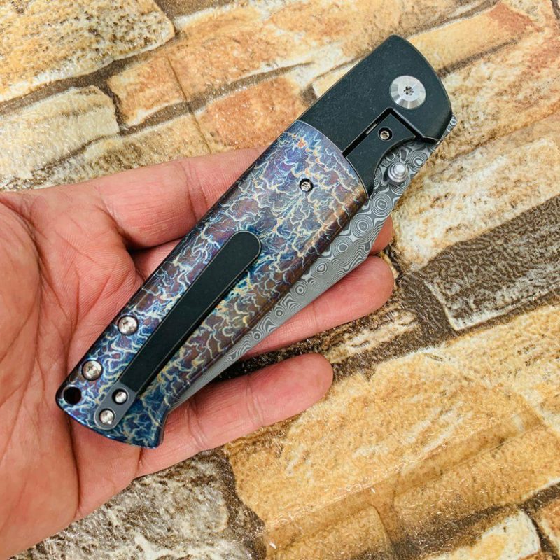 Shikari K1027A8 Rose Pattern Damascus Blade Black Anodized Titanium Bolster + Lightning Strike Anodized Titanium Inlay Handle with Morgan Koens Dessign | Folding Pocket Knives