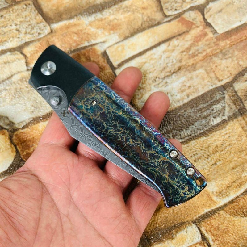 Shikari K1027A8 Rose Pattern Damascus Blade Black Anodized Titanium Bolster + Lightning Strike Anodized Titanium Inlay Handle with Morgan Koens Dessign | Folding Pocket Knives