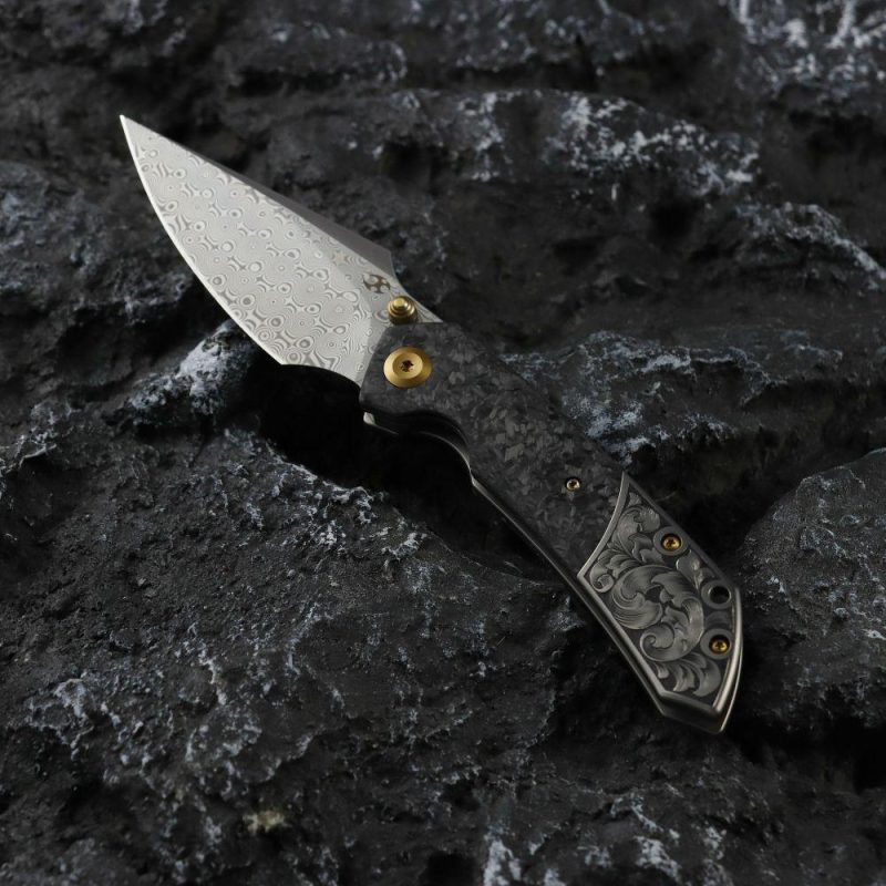 Special Custom Hand Engraved Fenrir Beadblasted Titanium and Shred Carbon Fiber Handle (3.48” Damascus Blade) Greg Schob Design | Folding Pocket Knives