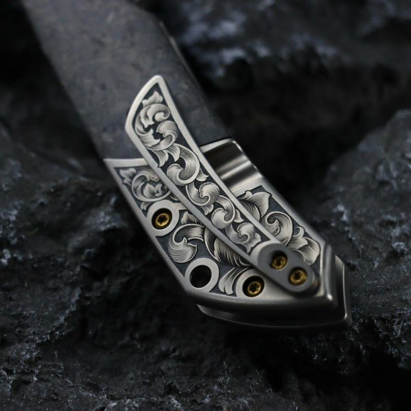 Special Custom Hand Engraved Fenrir Beadblasted Titanium and Shred Carbon Fiber Handle (3.48” Damascus Blade) Greg Schob Design | Folding Pocket Knives