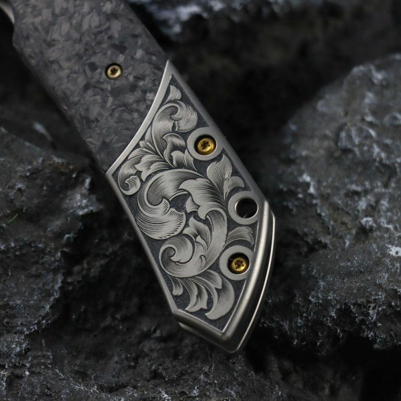 Special Custom Hand Engraved Fenrir Beadblasted Titanium and Shred Carbon Fiber Handle (3.48” Damascus Blade) Greg Schob Design | Folding Pocket Knives