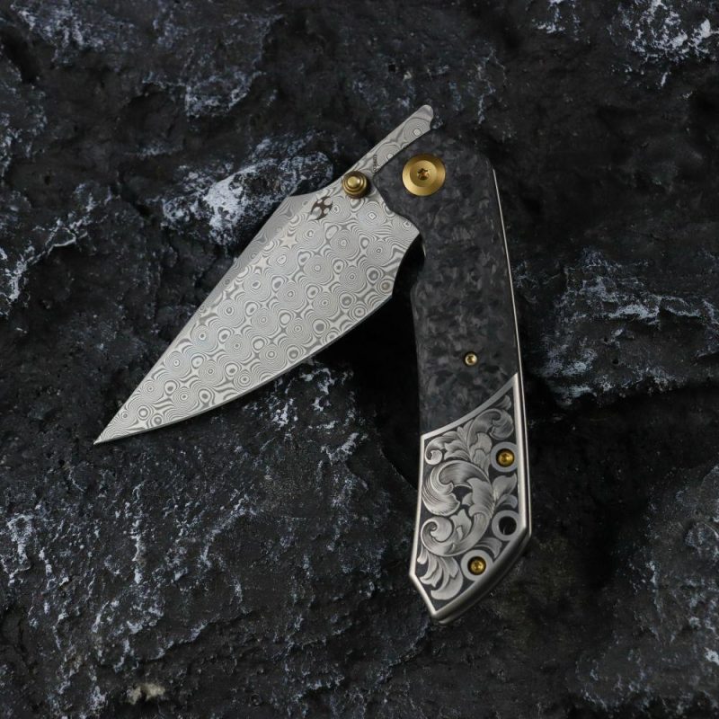 Special Custom Hand Engraved Fenrir Beadblasted Titanium and Shred Carbon Fiber Handle (3.48” Damascus Blade) Greg Schob Design | Folding Pocket Knives