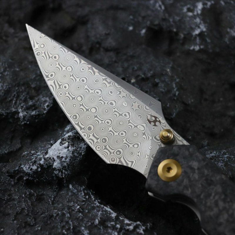 Special Custom Hand Engraved Fenrir Beadblasted Titanium and Shred Carbon Fiber Handle (3.48” Damascus Blade) Greg Schob Design | Folding Pocket Knives