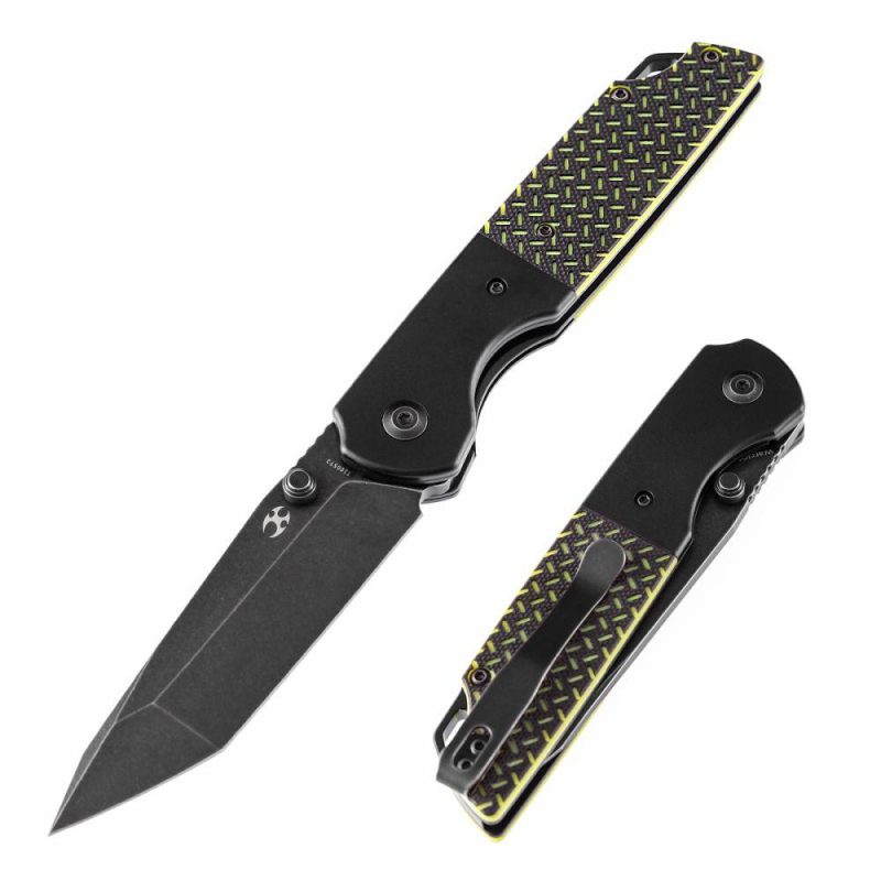 Warrior T1005T2 Black TiCn Coated and Stonewashed Tanto D2 Blade Black Anodized Aluminum Bolster + Black and Green G10 Handle with Kim Ning Design | Folding Pocket Knives