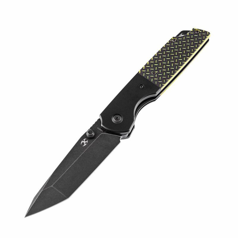 Warrior T1005T2 Black TiCn Coated and Stonewashed Tanto D2 Blade Black Anodized Aluminum Bolster + Black and Green G10 Handle with Kim Ning Design | Folding Pocket Knives