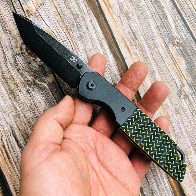 Warrior T1005T2 Black TiCn Coated and Stonewashed Tanto D2 Blade Black Anodized Aluminum Bolster + Black and Green G10 Handle with Kim Ning Design | Folding Pocket Knives