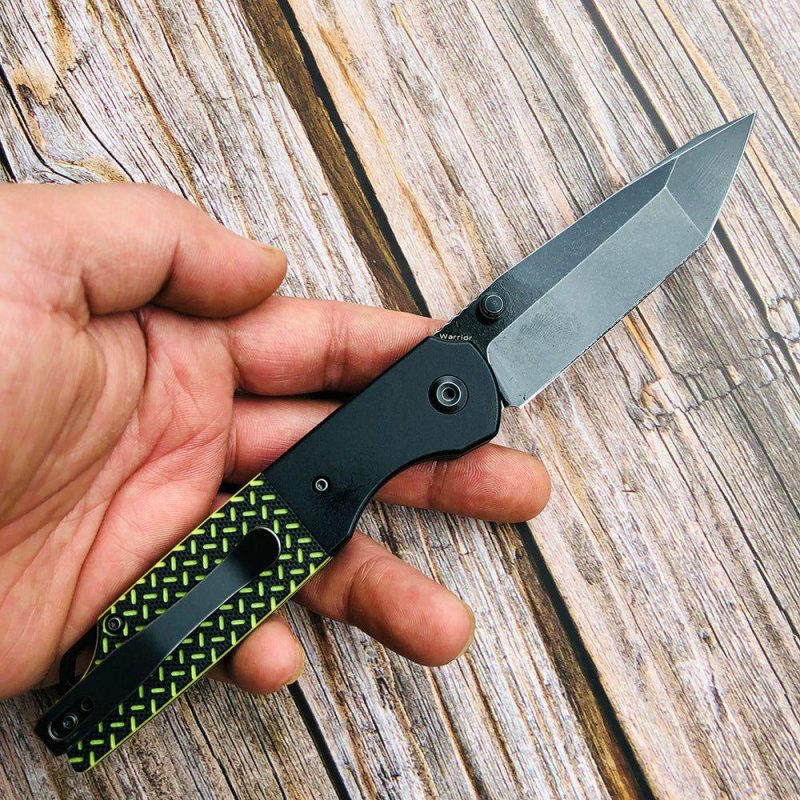 Warrior T1005T2 Black TiCn Coated and Stonewashed Tanto D2 Blade Black Anodized Aluminum Bolster + Black and Green G10 Handle with Kim Ning Design | Folding Pocket Knives