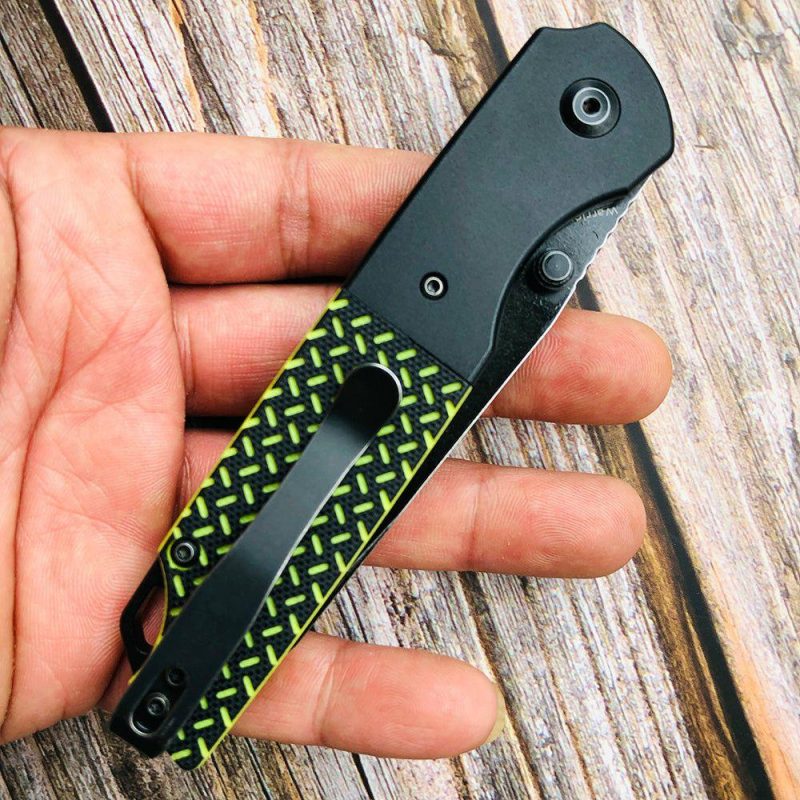 Warrior T1005T2 Black TiCn Coated and Stonewashed Tanto D2 Blade Black Anodized Aluminum Bolster + Black and Green G10 Handle with Kim Ning Design | Folding Pocket Knives