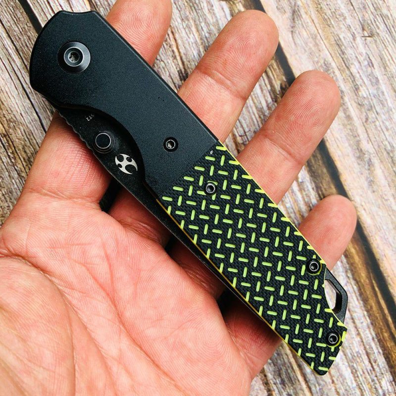 Warrior T1005T2 Black TiCn Coated and Stonewashed Tanto D2 Blade Black Anodized Aluminum Bolster + Black and Green G10 Handle with Kim Ning Design | Folding Pocket Knives